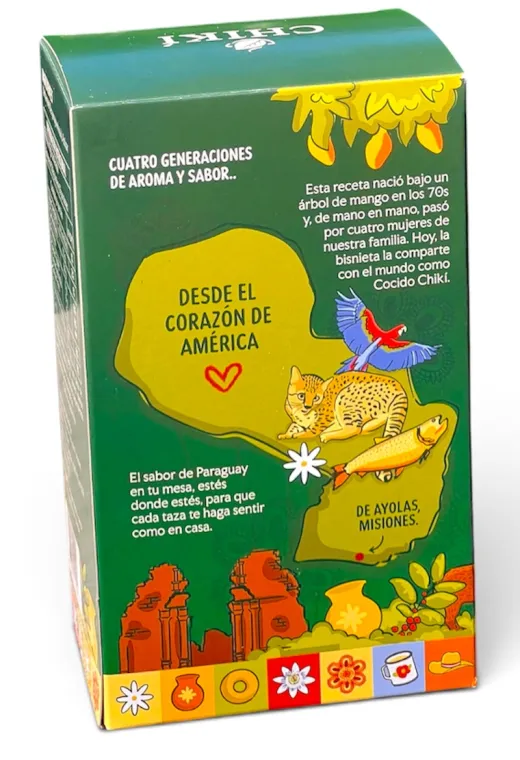 Dorso de la caja de Cocido Chikí: el mapa del Paraguay con un guacamayo, un gato montés y un dorado, las ruinas jesuíticas y la cenefa de mosaicos